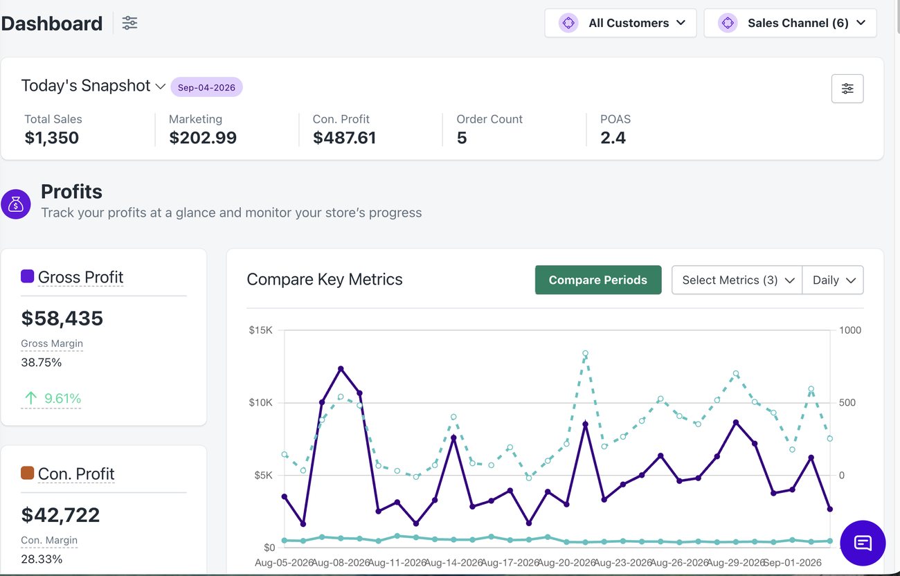 BeProfit Overview dashboard showing net profit, revenue, and cost breakdown
